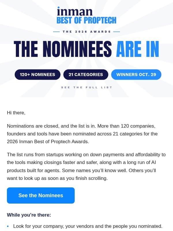 The 2026 Best of Proptech nominees are here email from Real Estate Connect