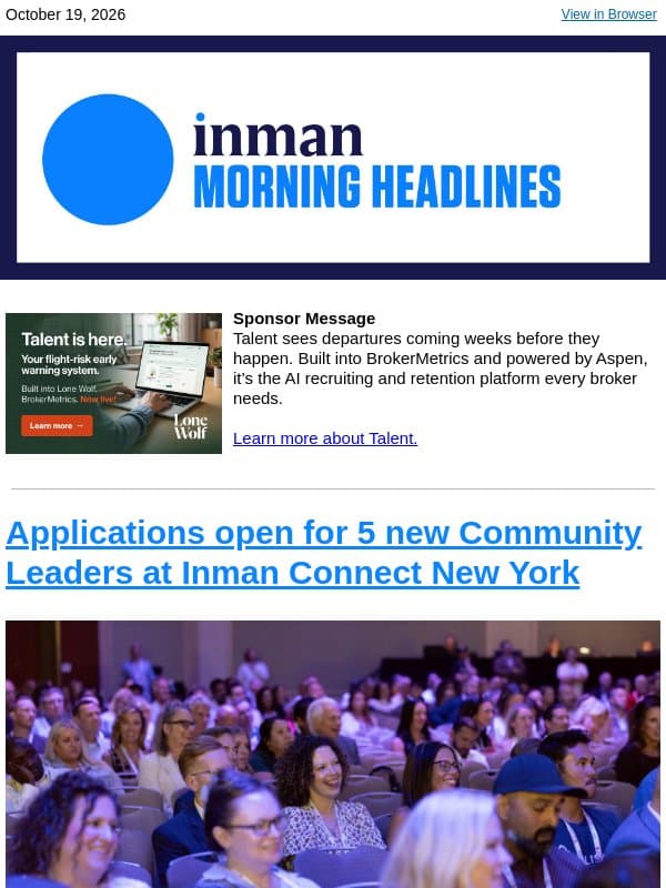 Applications open for 5 new Community Leaders at Inman Connect New York email from Real Estate Connect