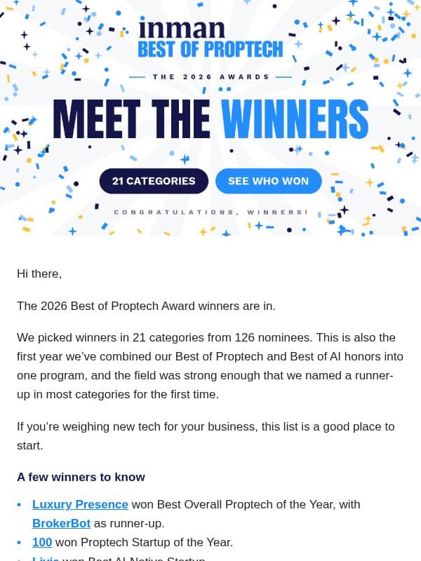 Meet the winners of Inman’s 2026 Best of Proptech Awards email from Real Estate Connect