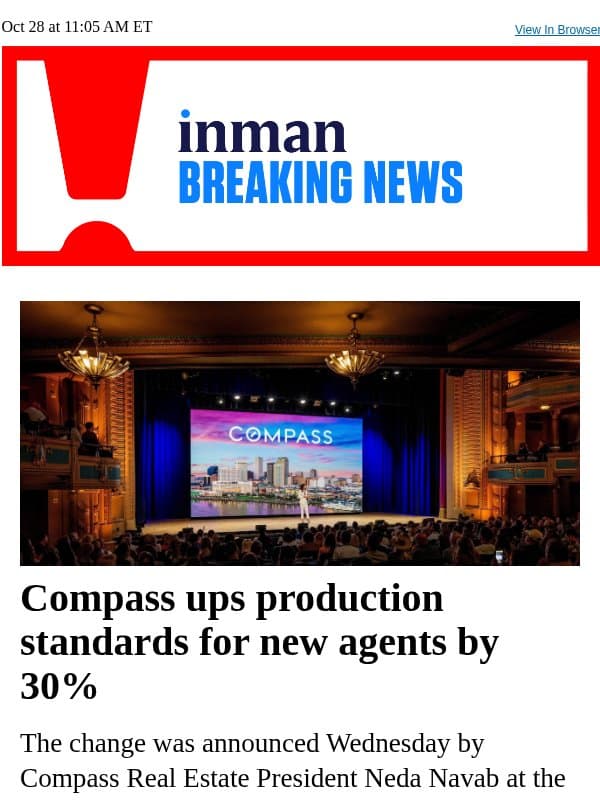 Compass ups production standards for new agents by 30% email from Real Estate Connect