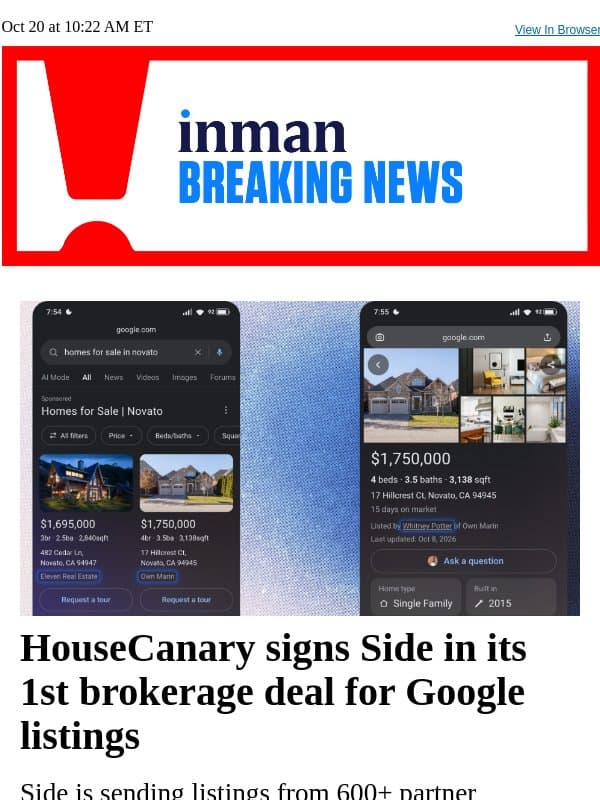 HouseCanary signs Side in 1st brokerage deal for Google listings email from Real Estate Connect