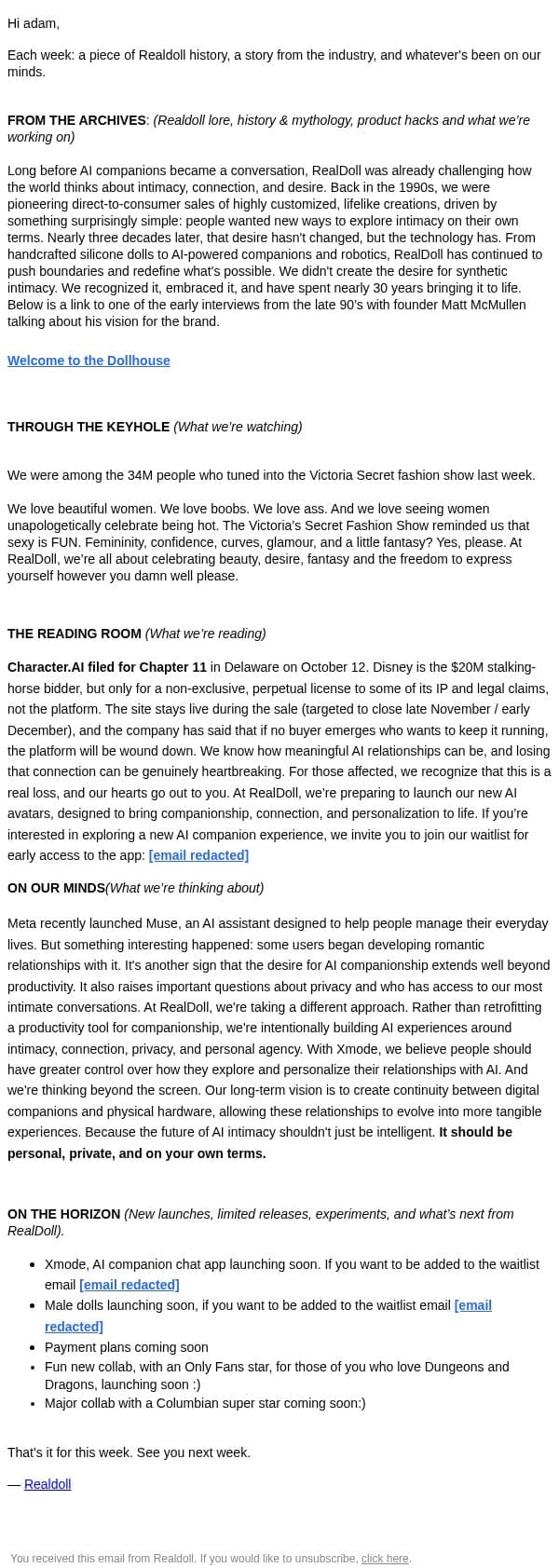 Hot Girls, AI Lovers, Muse has entered the chat email from RealDoll screenshot
