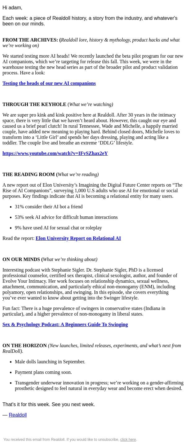 This Week, Something's Different email from RealDoll screenshot