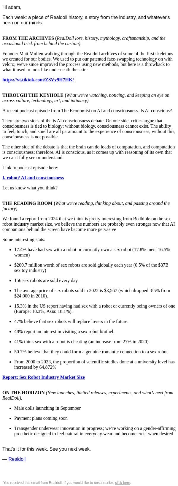 This Week, What's Underneath email from RealDoll screenshot