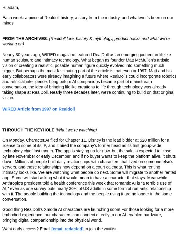 Rented Love, what stays when they leave? email from RealDoll