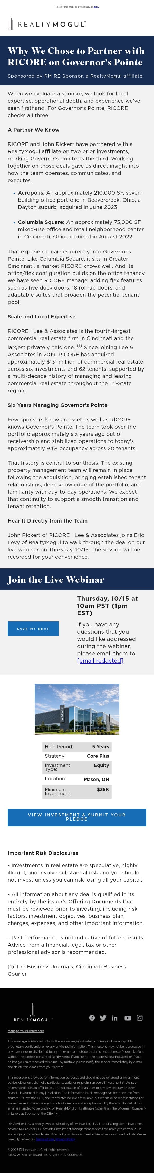 Why We Chose RICORE as Our Partner on Governor's Pointe email from RealtyMogul screenshot