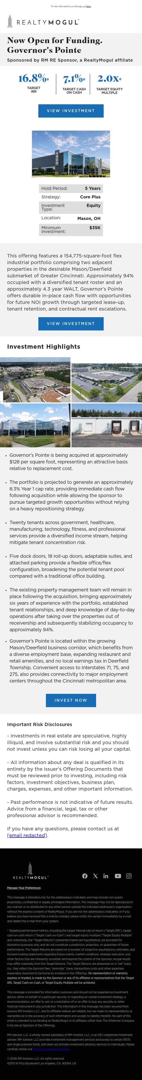 Now Open for Funding: Stabilized Flex Industrial Portfolio in Greater Cincinnati email from RealtyMogul screenshot