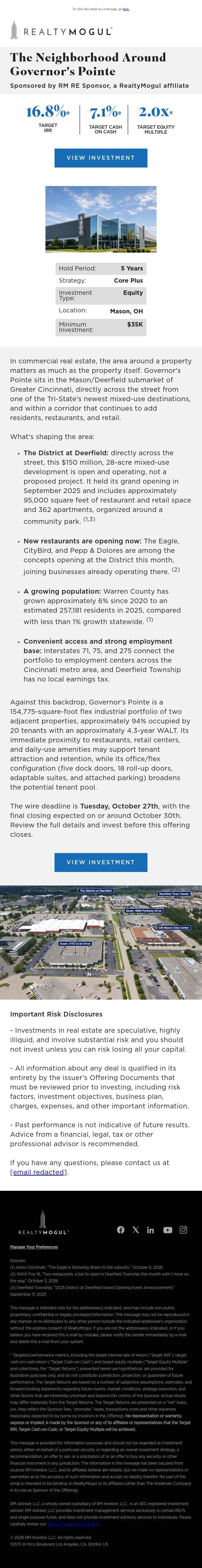 What Opened Across the Street from Governor’s Pointe email from RealtyMogul screenshot