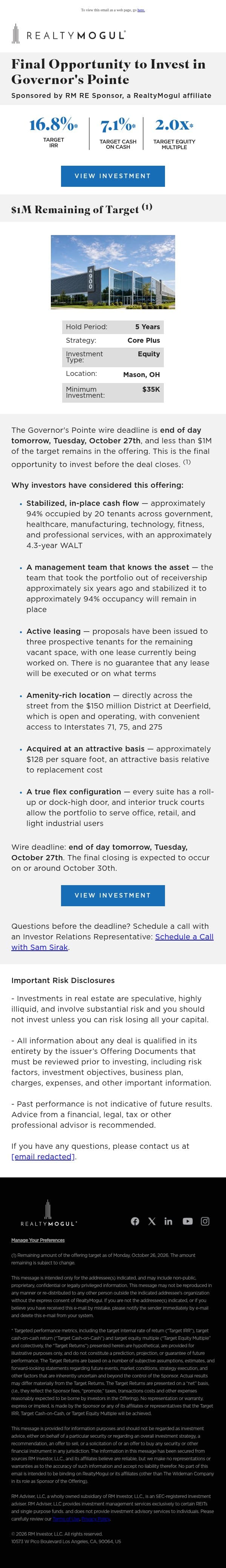 Final Opportunity to Invest in Governor's Pointe | Wire Deadline is Tomorrow email from RealtyMogul screenshot