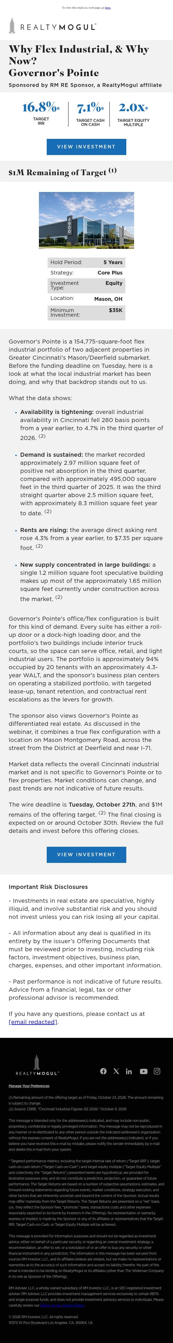 Why Flex Industrial, and Why Now? Governor's Pointe email from RealtyMogul screenshot