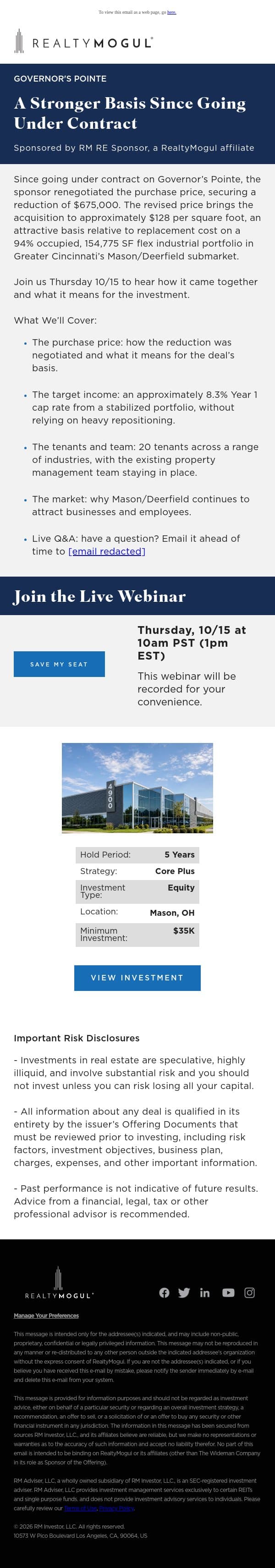Reminder: Governor’s Pointe Webinar is Thursday, 10/15 email from RealtyMogul screenshot