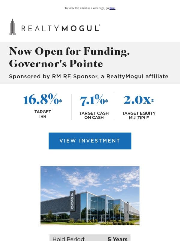 Now Open for Funding: Stabilized Flex Industrial Portfolio in Greater Cincinnati email from RealtyMogul