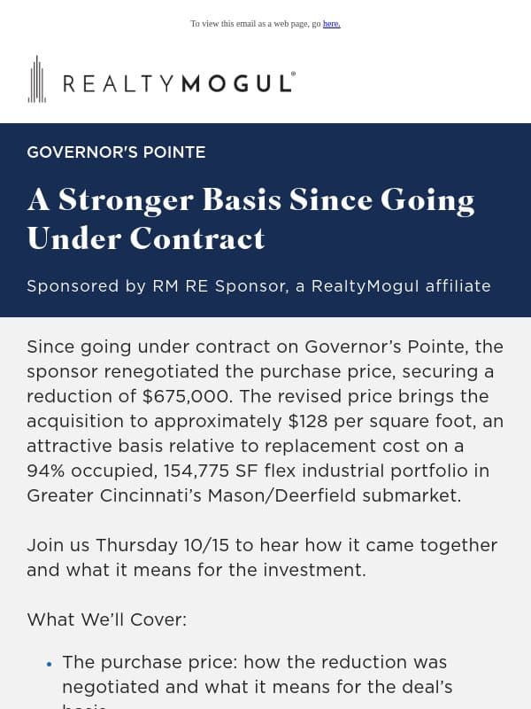 Reminder: Governor’s Pointe Webinar is Thursday, 10/15 email from RealtyMogul