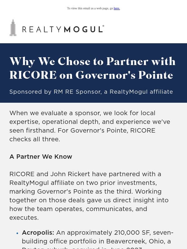 Why We Chose RICORE as Our Partner on Governor's Pointe email from RealtyMogul