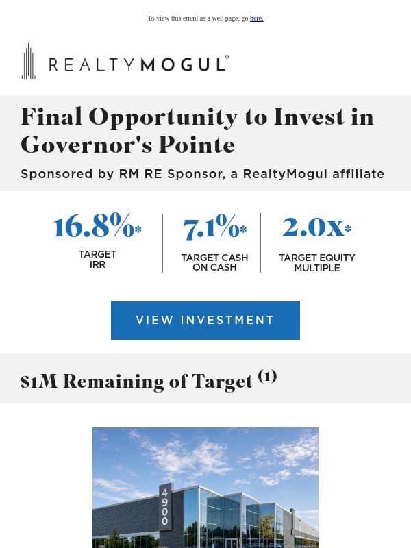 Final Opportunity to Invest in Governor's Pointe | Wire Deadline is Tomorrow email from RealtyMogul