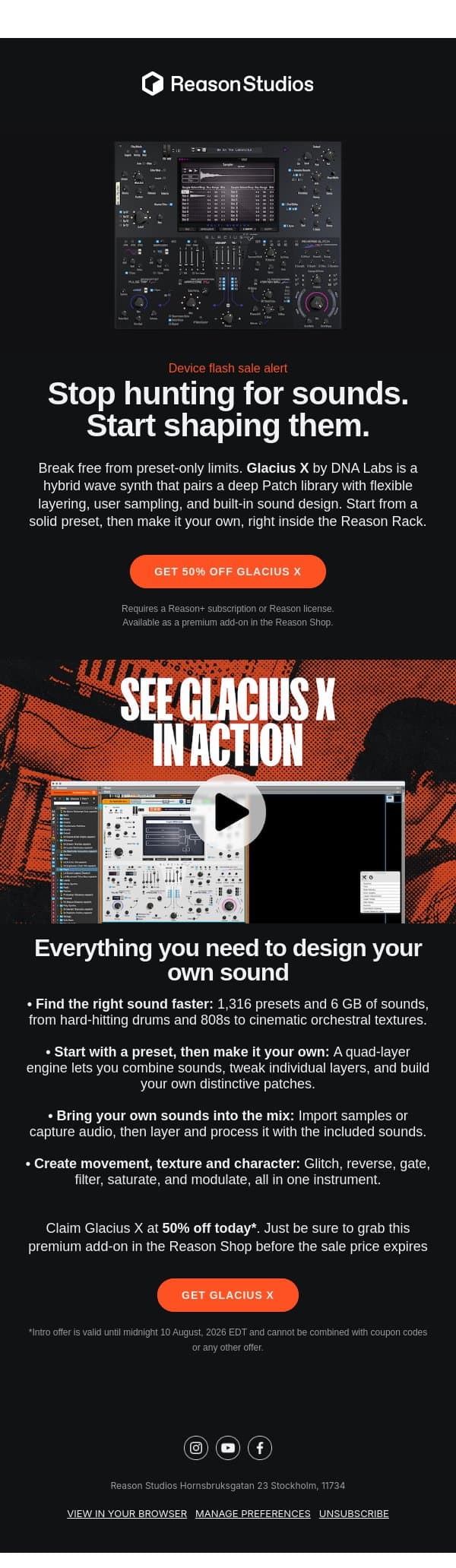 Stop hunting for sounds. Start shaping them email from Reason Studios screenshot