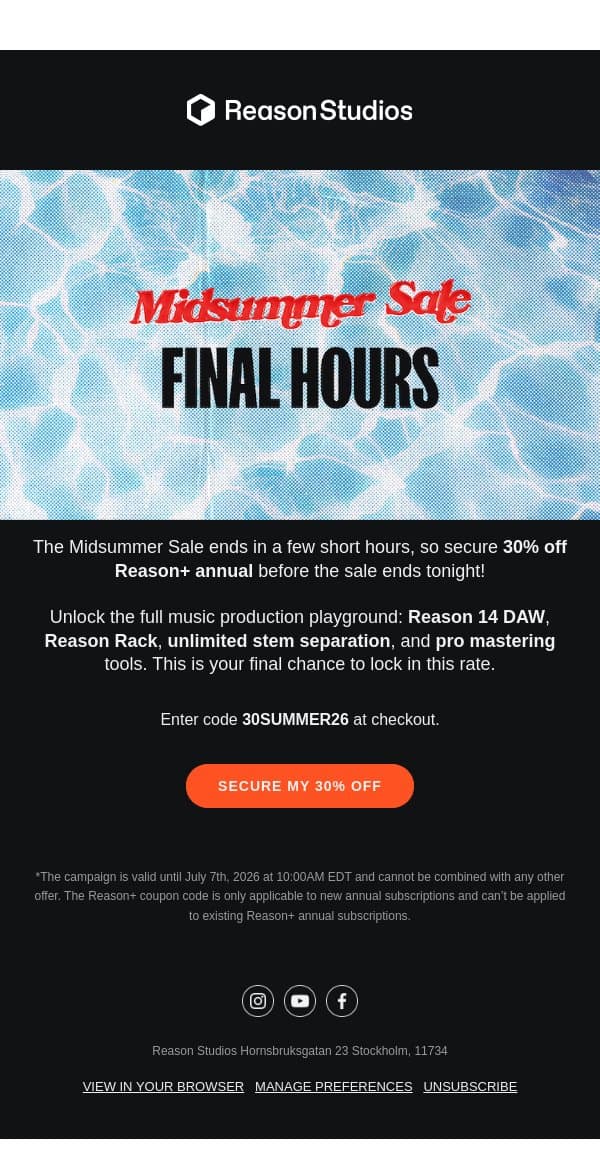 SALE ENDS TONIGHT email from Reason Studios screenshot
