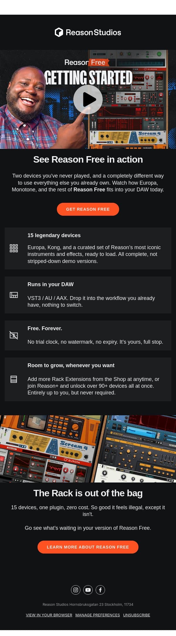 Reason Free, explained in 12 minutes email from Reason Studios screenshot