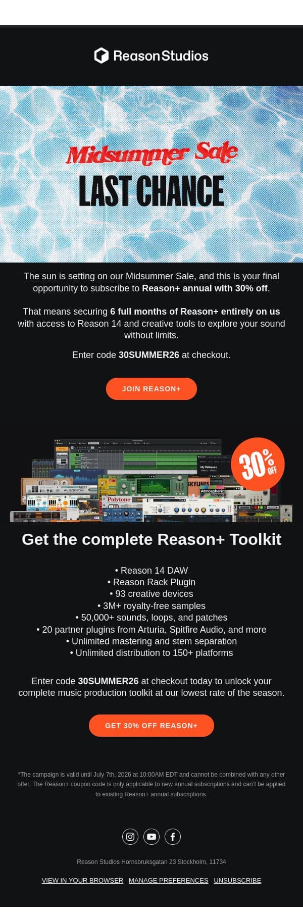 LAST CHANCE: MIDSUMMER SALE ENDING email from Reason Studios screenshot