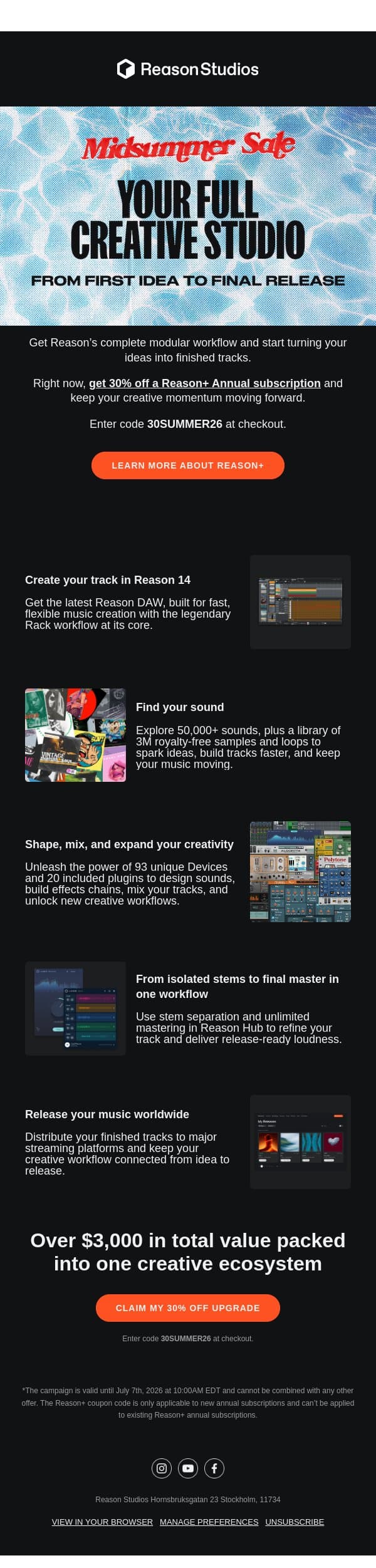 How to evolve your sound this summer email from Reason Studios screenshot