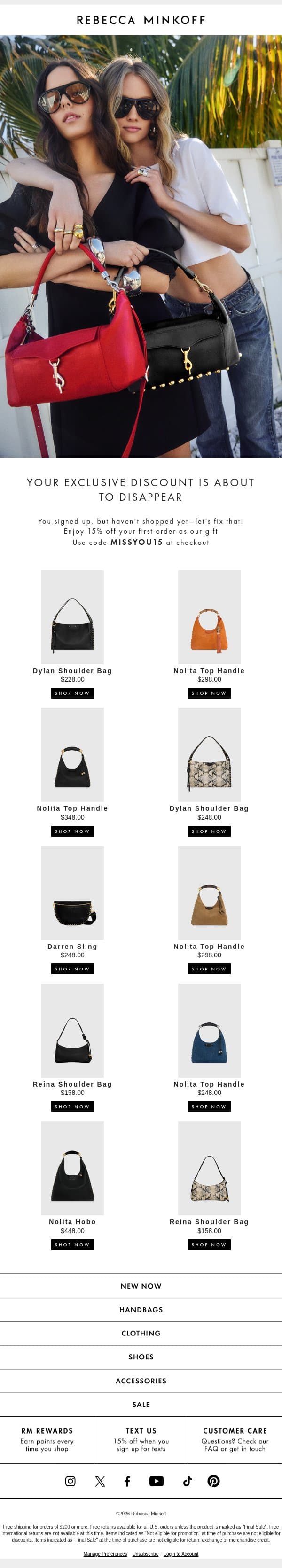 Still Thinking? Your 15% Off Is Waiting! email from Rebecca Minkoff screenshot