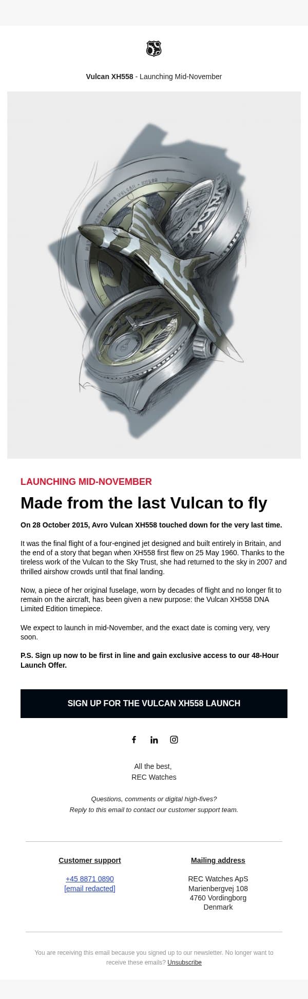 Made from the last Vulcan to fly email from REC Watches screenshot