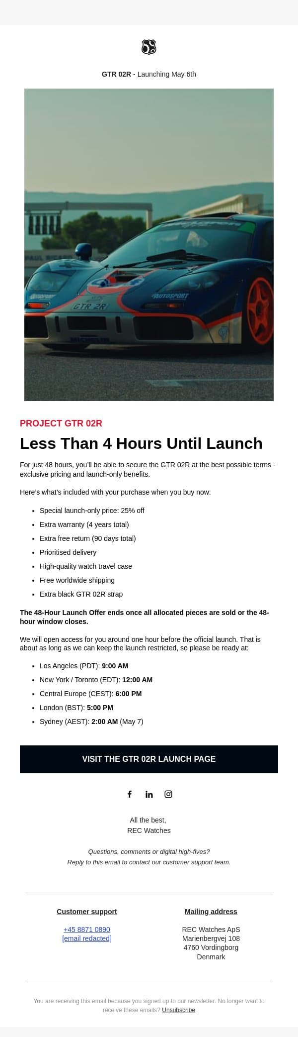 Less Than 4 Hours Until Launch email from REC Watches screenshot