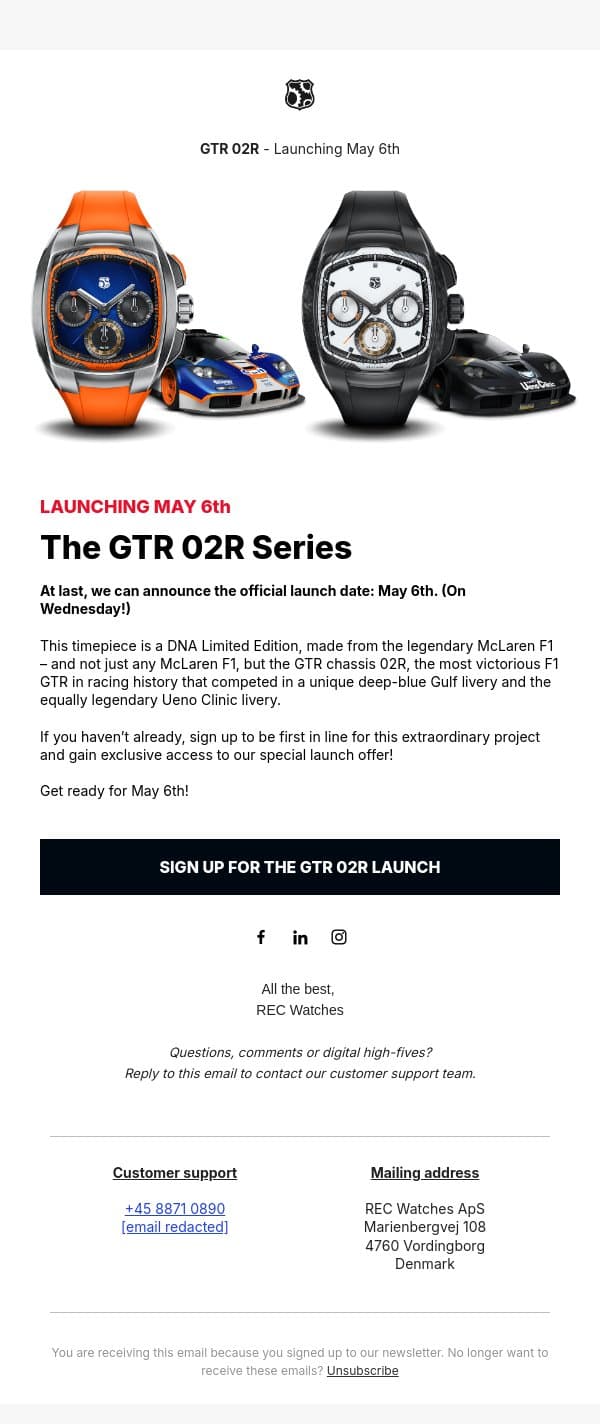 Launching May 6th! email from REC Watches screenshot