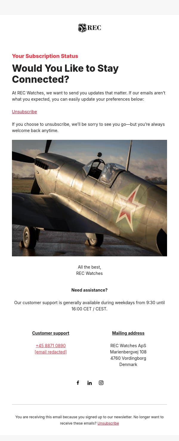 Your subscription status email from REC Watches screenshot