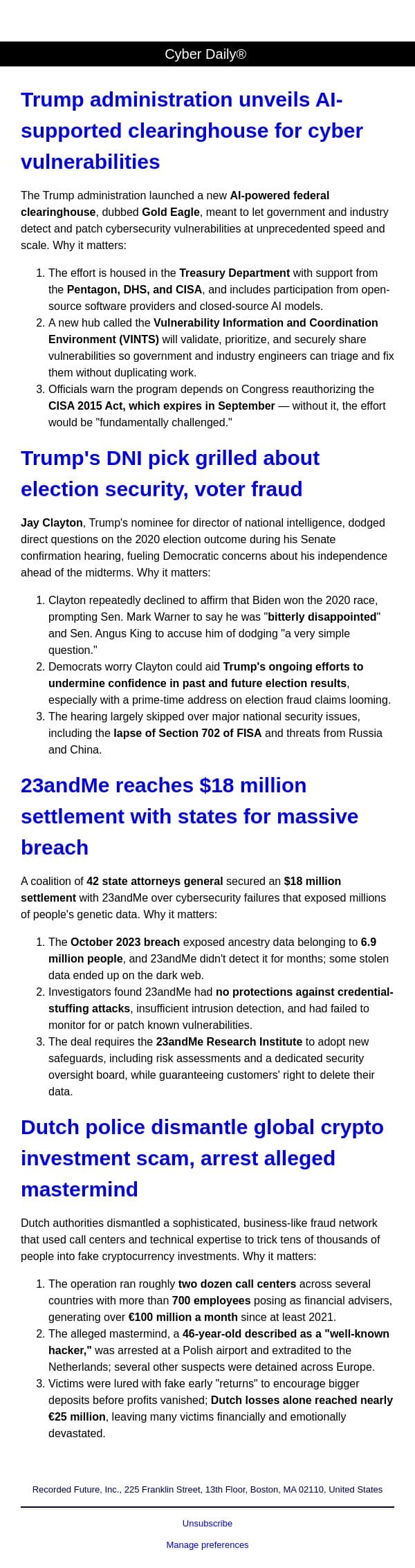 Cyber Daily: Trump administration unveils AI-supported clearinghouse for cyber vulnerabilities email from Recorded Future screenshot