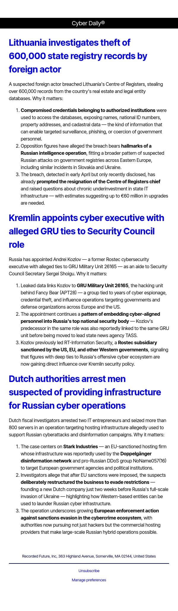 Cyber Daily: Lithuania investigates theft of 600,000 state registry records by foreign actor email from Recorded Future screenshot