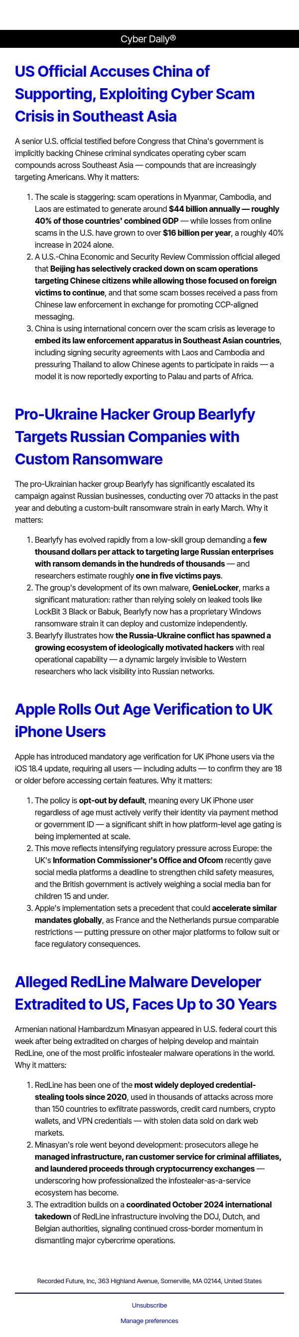 Cyber Daily: US official accuses China of supporting, exploiting cyber scam crisis in Southeast Asia email from Recorded Future screenshot