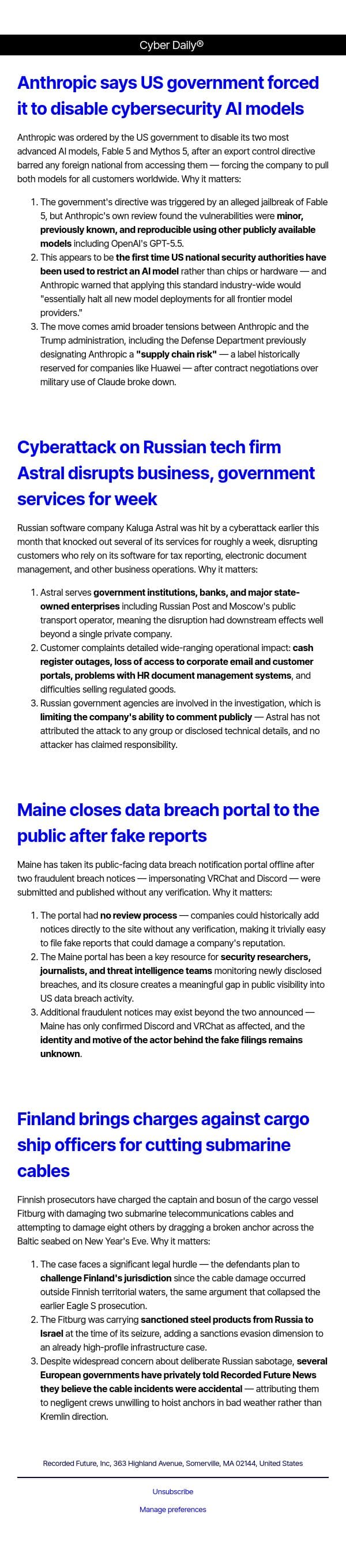 Cyber Daily: Anthropic says US government forced it to disable cybersecurity AI models email from Recorded Future screenshot