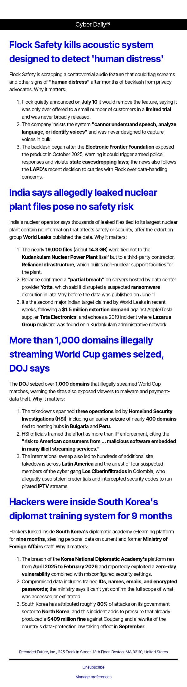Cyber Daily: Flock Safety kills acoustic system designed to detect 'human distress' email from Recorded Future screenshot