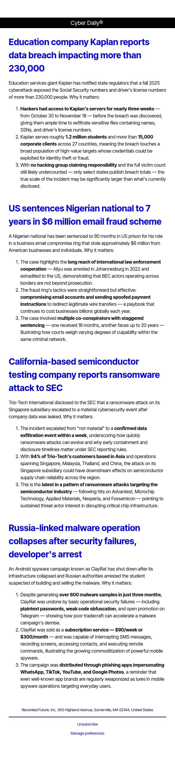 Cyber Daily: Education company Kaplan reports data breach impacting more than 230,000 email from Recorded Future screenshot