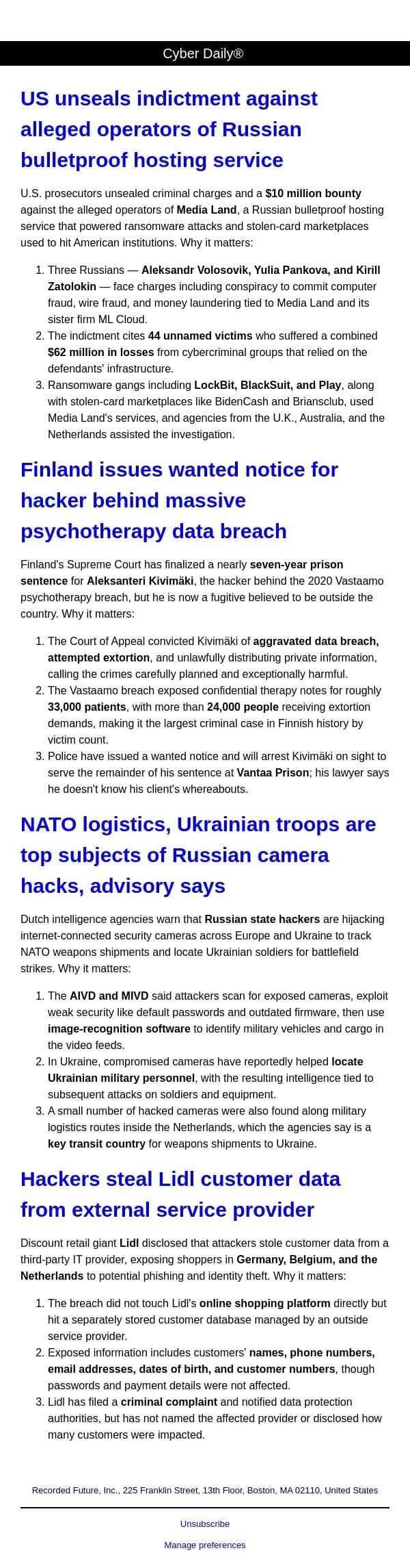 Cyber Daily: US unseals indictment against alleged operators of Russian bulletproof hosting service email from Recorded Future screenshot