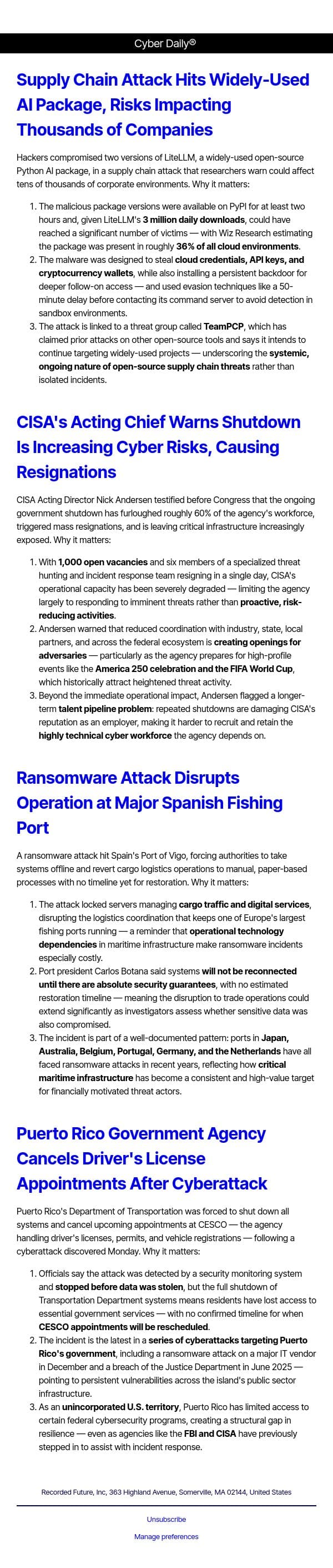 Cyber Daily: Supply chain attack hits widely-used AI package, risks impacting thousands of companies email from Recorded Future screenshot