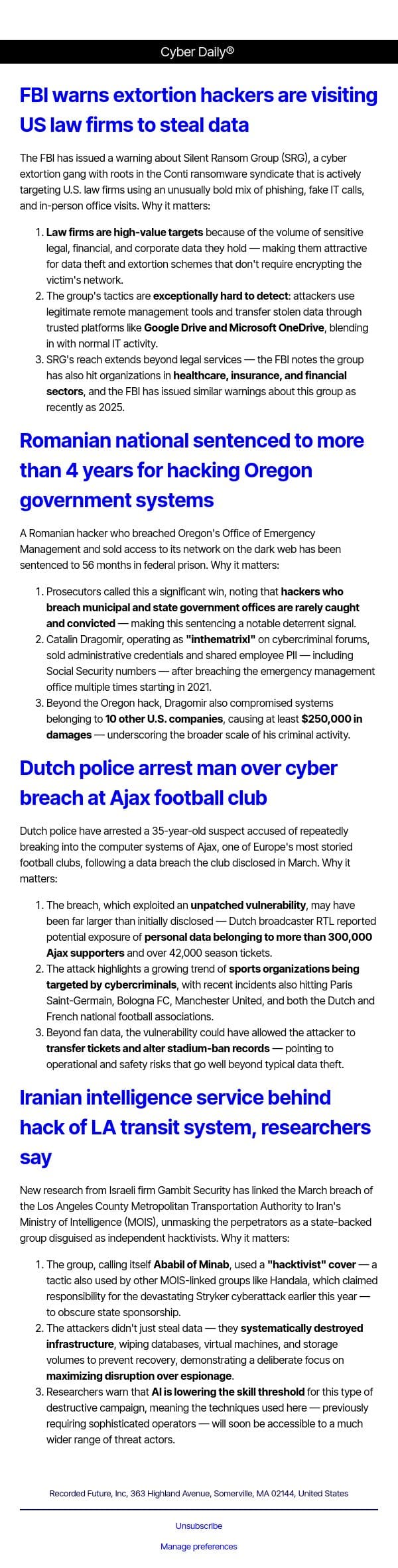 Cyber Daily: FBI warns extortion hackers are visiting US law firms to steal data email from Recorded Future screenshot