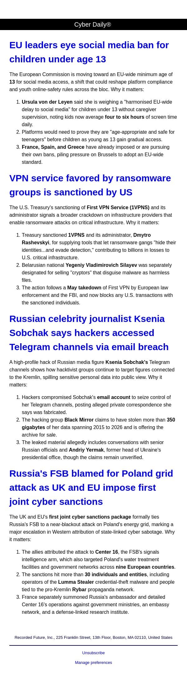 Cyber Daily: EU leaders eye social media ban for children under age 13 email from Recorded Future screenshot