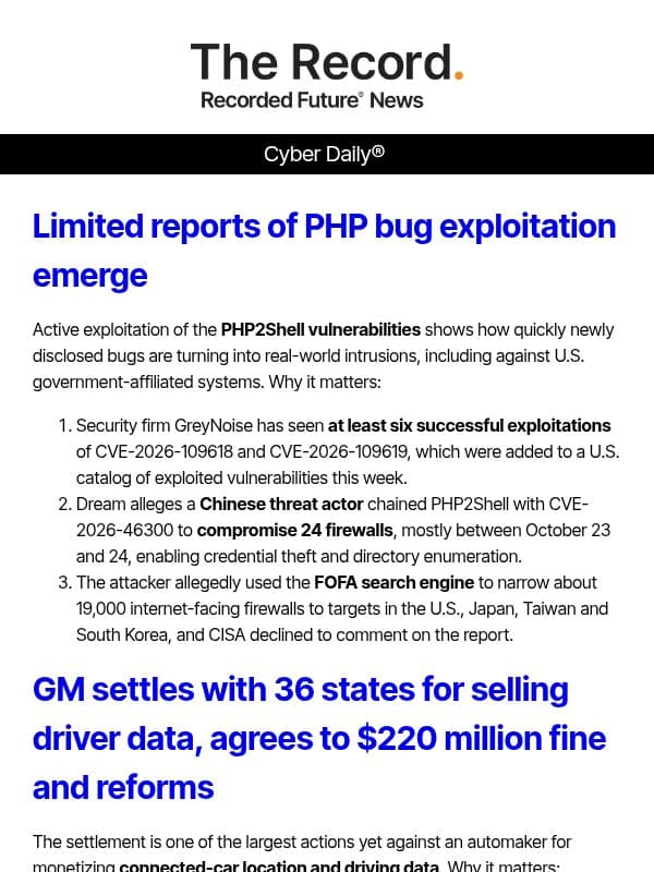Cyber Daily: Limited reports of PHP bug exploitation emerge email from Recorded Future