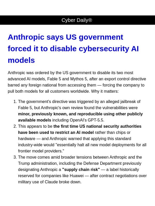 Cyber Daily: Anthropic says US government forced it to disable cybersecurity AI models email from Recorded Future
