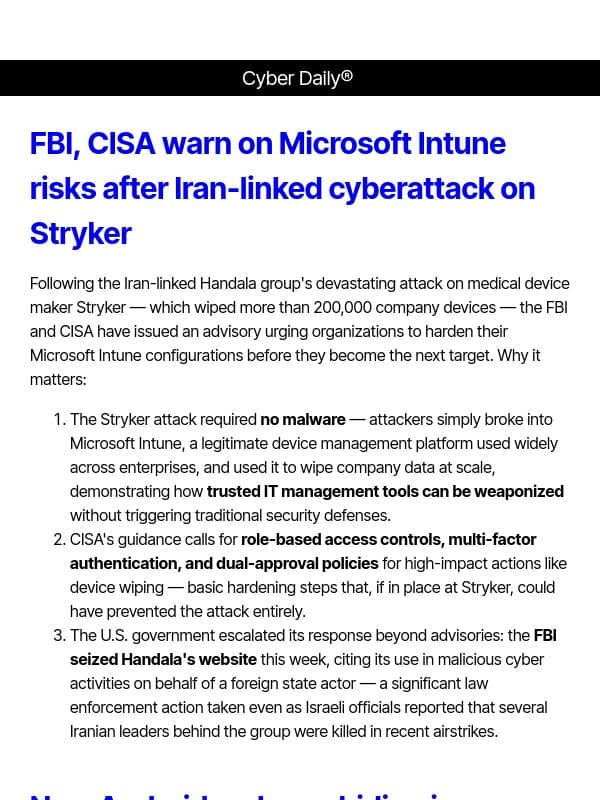 Cyber Daily: FBI, CISA warn on Microsoft Intune risks after Iran-linked cyberattack on Stryker email from Recorded Future