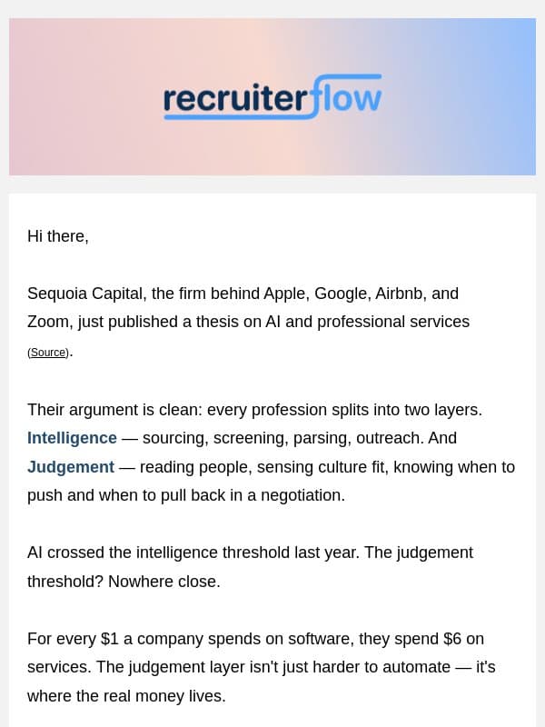 Sequoia just satisfactorily answered: Will AI kill search firms? email from Recruiterflow