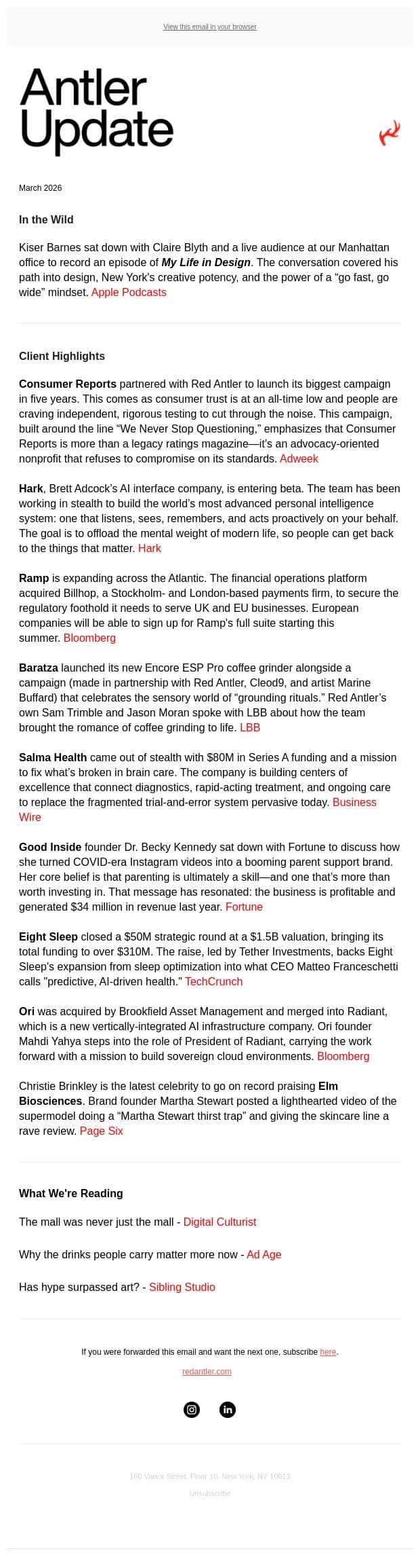Antler Update: Consumer Reports, Ramp, Good Inside, Eight Sleep, and more email from Red Antler screenshot