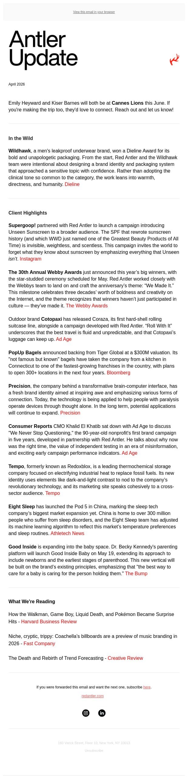 Antler Update: Supergoop!, The Webby Awards, PopUp Bagels, and more email from Red Antler screenshot
