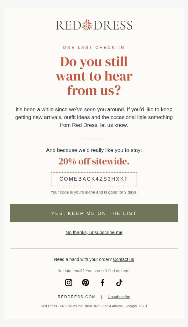 Still want to hear from us? email from Red Dress Boutique screenshot