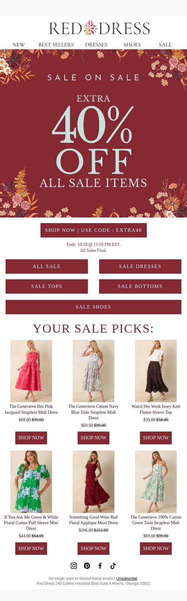 EXTRA 40% OFF SALEš email from Red Dress Boutique screenshot