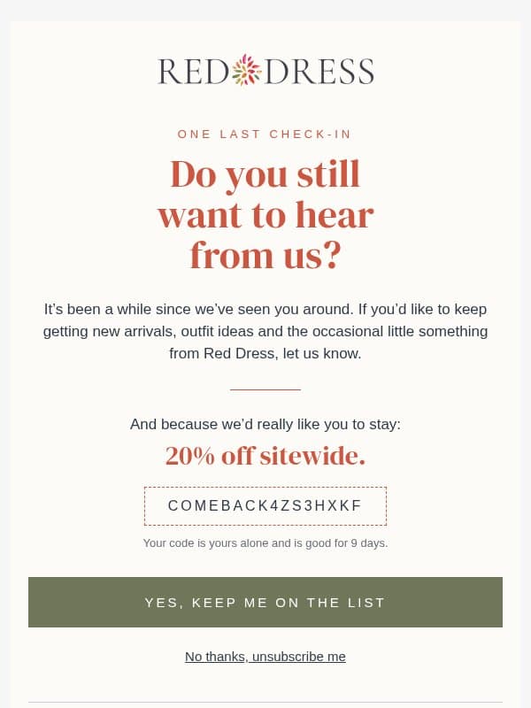 Still want to hear from us? email from Red Dress Boutique