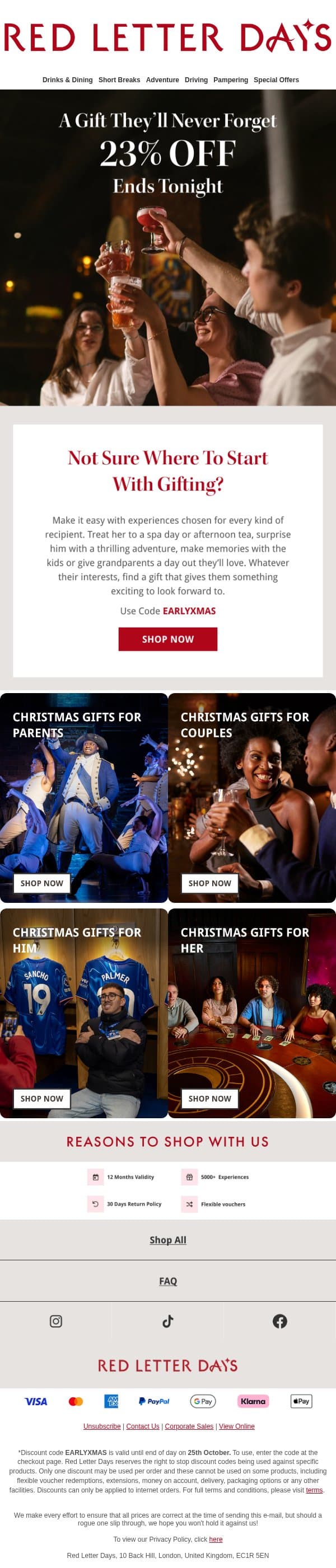 23% off ends tonight - Find the perfect gift for everyone on your list email from Red Letter Days screenshot
