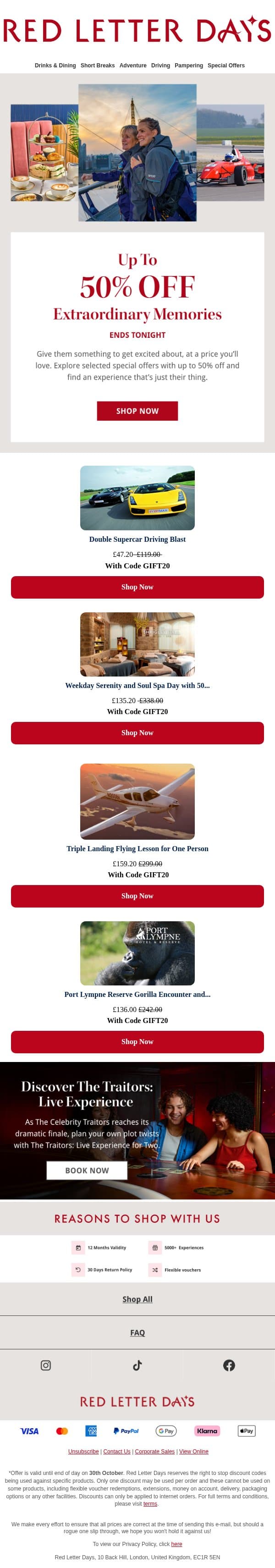 Up to 50% off - one day only email from Red Letter Days screenshot